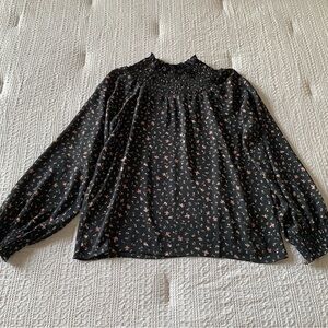 Madewell Floral Black Smocked Ruffle Top Blouse Long Sleeve Small Work Casual